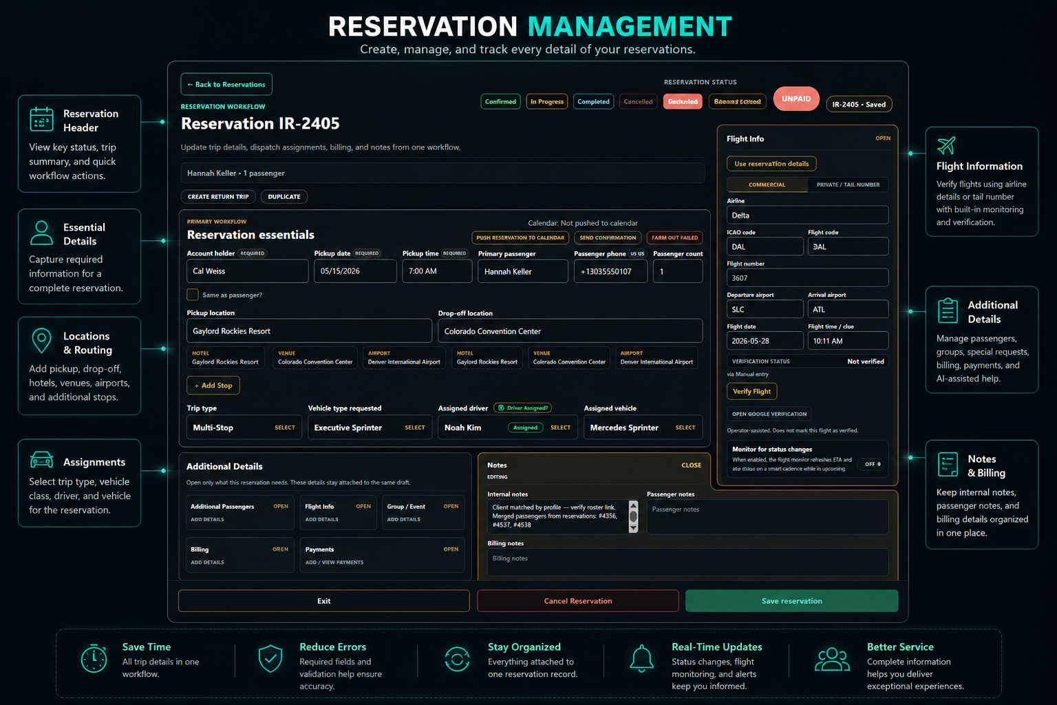 iRyde OS reservation management screen showing reservation essentials, flight information, notes, billing, assignments, and status