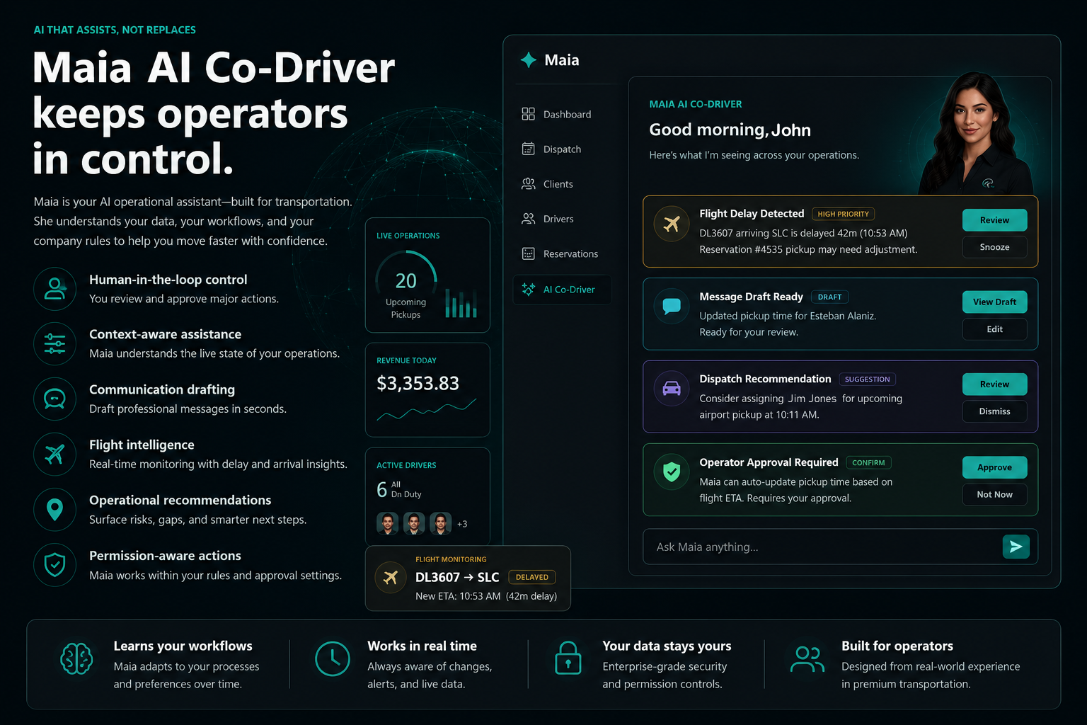 Maia AI Co-Driver section showing AI-assisted transportation operations, human-in-the-loop approvals, dispatch recommendations, communication drafting, and reservation intelligence.