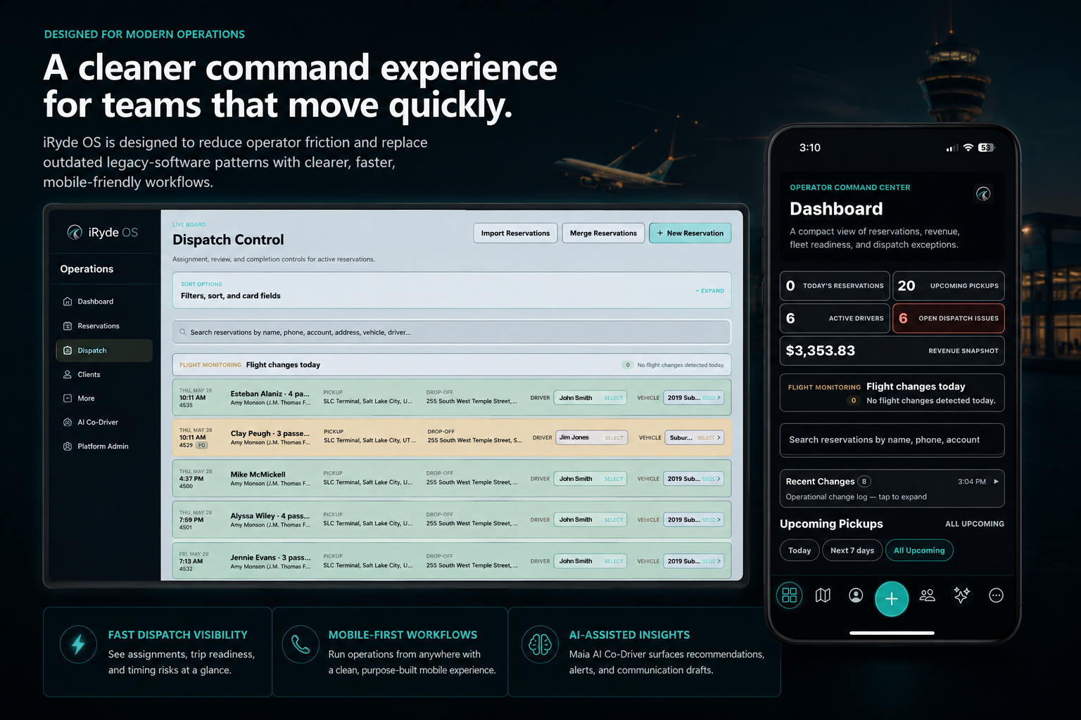 iRyde OS modern operations section showing desktop dispatch control, mobile dashboard workflows, flight monitoring, and responsive transportation operations software.