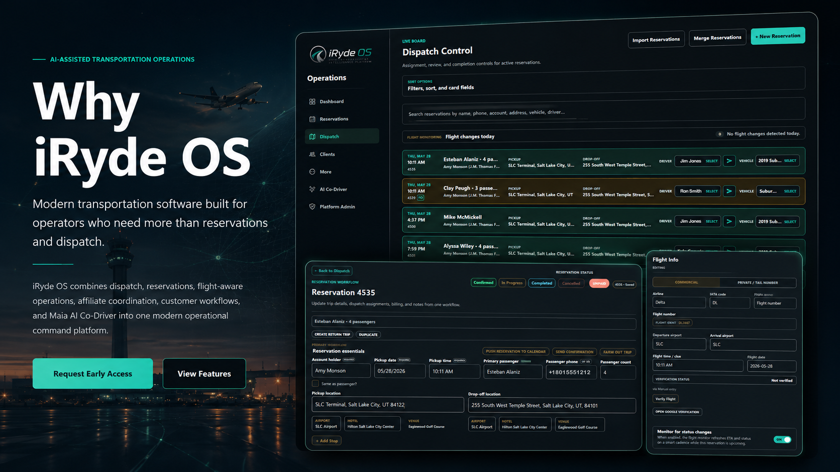 iRyde OS transportation operations platform showing dispatch, reservation, and flight-aware workflow interfaces.
